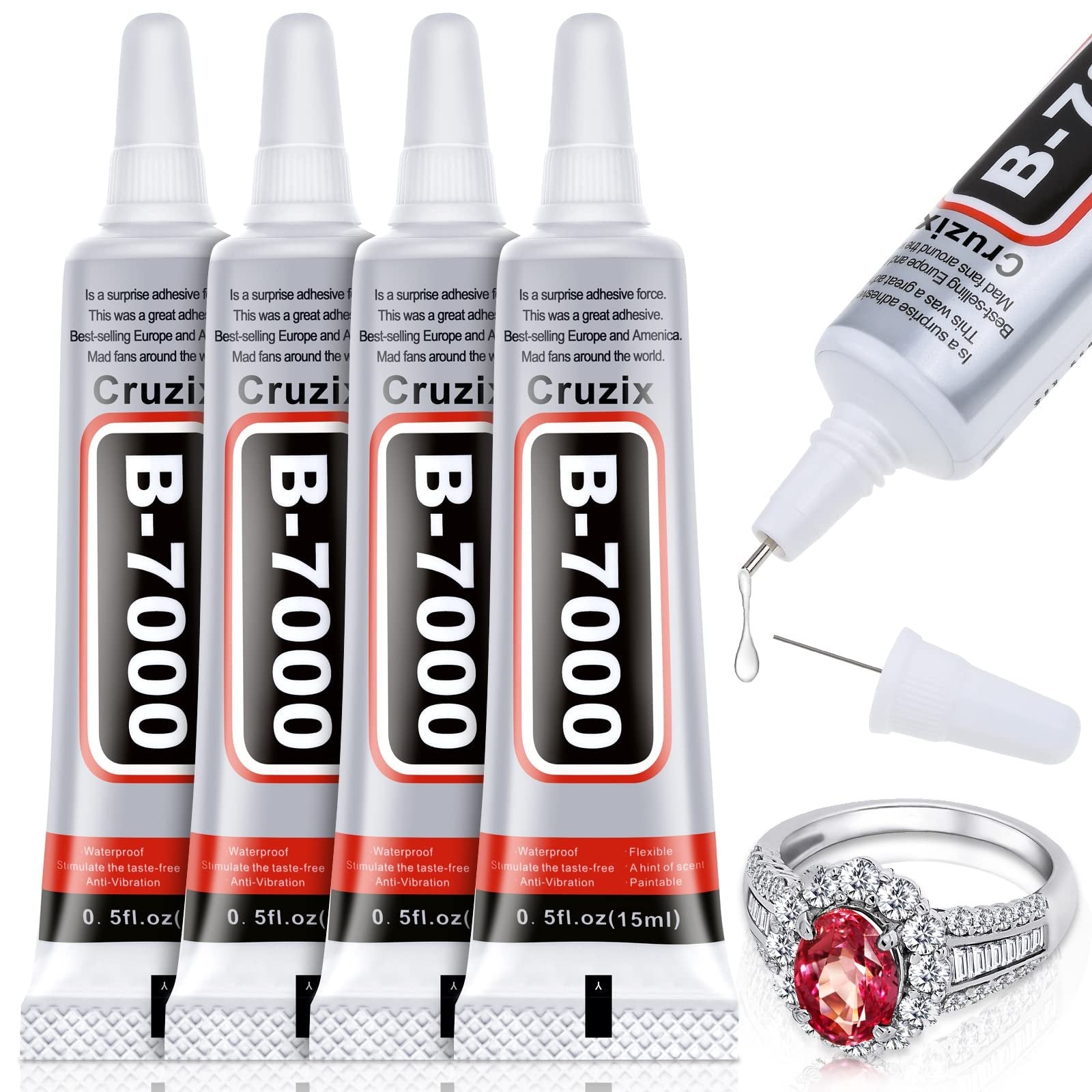 Four tubes of B-7000 clear adhesive glue with a precision tip, shown with a drop of glue and a ring with a red stone and diamonds.
