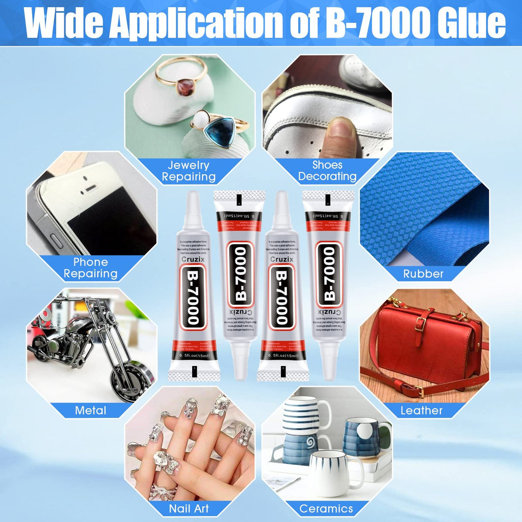 Collage of B-7000 clear adhesive glue tubes with examples of their applications including jewelry, phone, metal, nail art, shoes, rubber, leather, and ceramics.