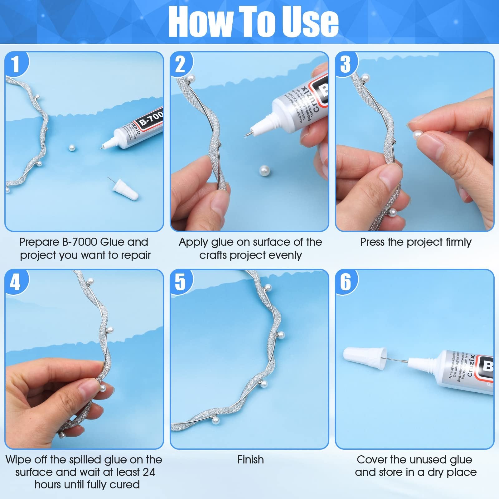 Six-step guide showing how to use clear adhesive glue for crafts, including applying glue and attaching embellishments.