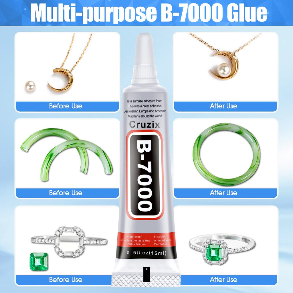 Tube of B-7000 clear adhesive glue with before and after use examples for jewelry and jade bangles.