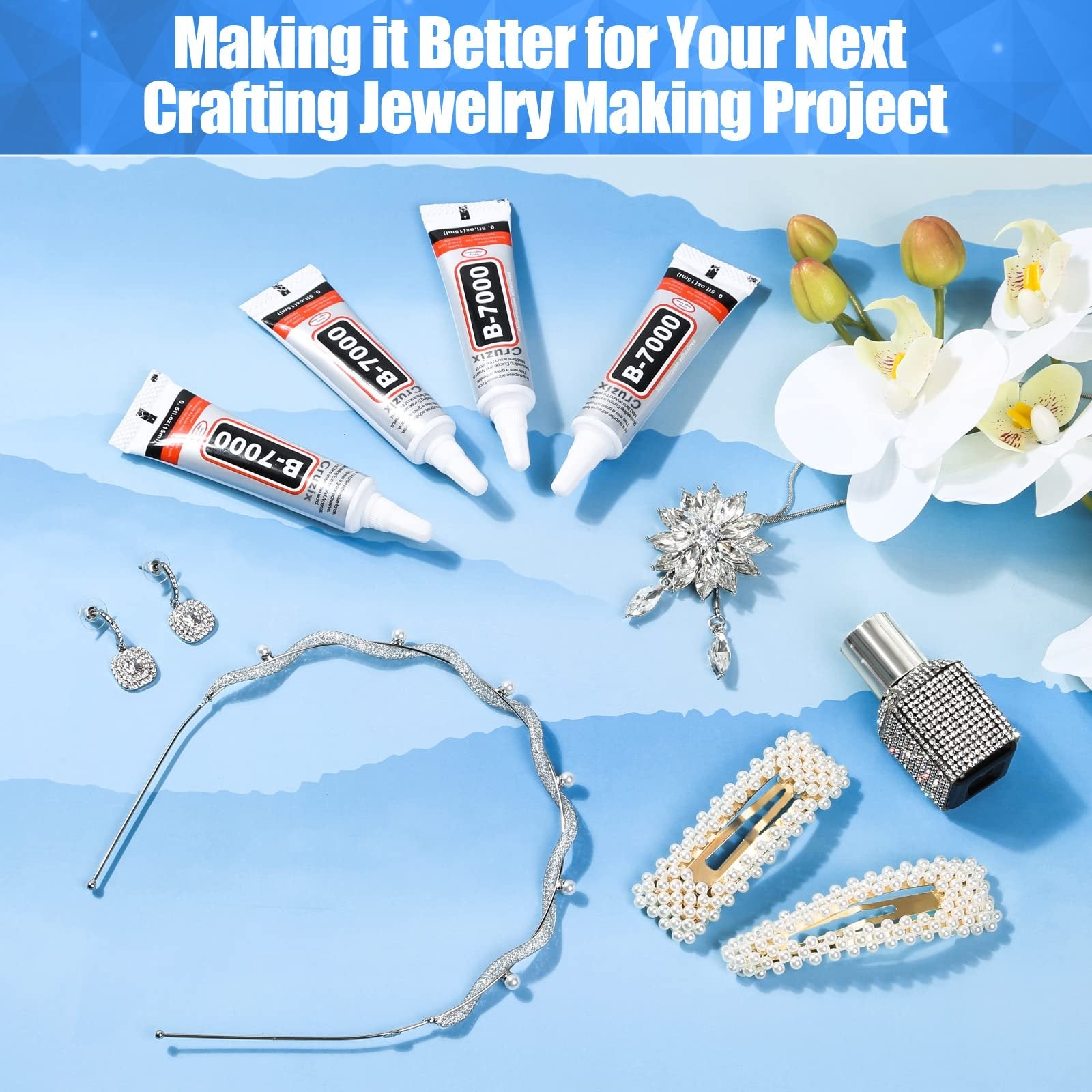 Four tubes of clear adhesive glue and various jewelry-making supplies arranged on a blue background.