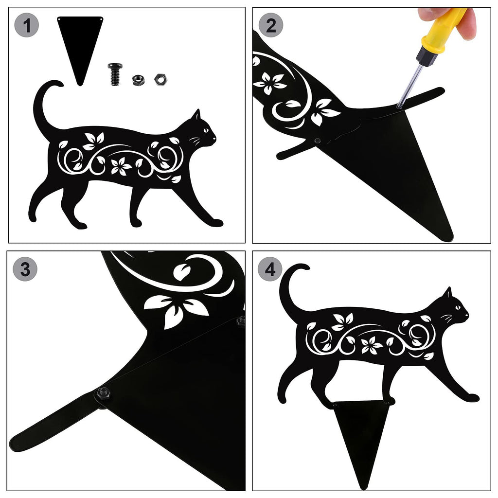 Black metal cat silhouette garden stake with floral cutouts, shown in four assembly steps.