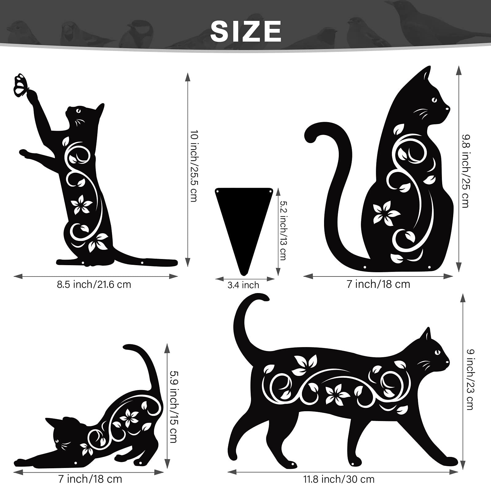 Four black metal cat silhouette garden stakes with floral designs, showing dimensions.