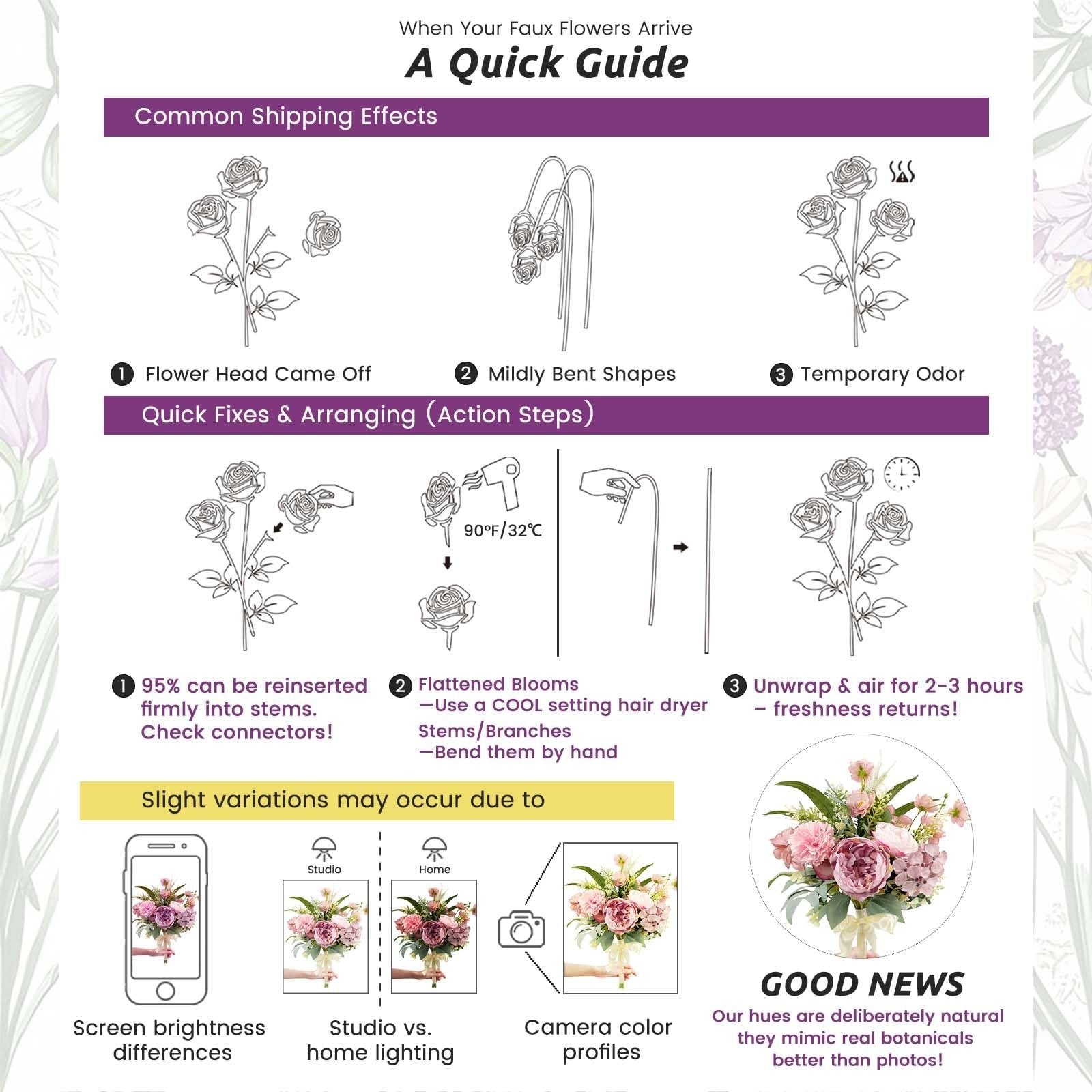 Guide on how to fix and arrange faux flowers, showing common shipping effects and quick fixes.