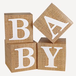 Four burlap baby blocks spelling 'BABY' with white letters, arranged on a white background.