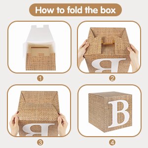 Four-panel graphic showing how to fold a burlap baby box with a large white letter B on the front.