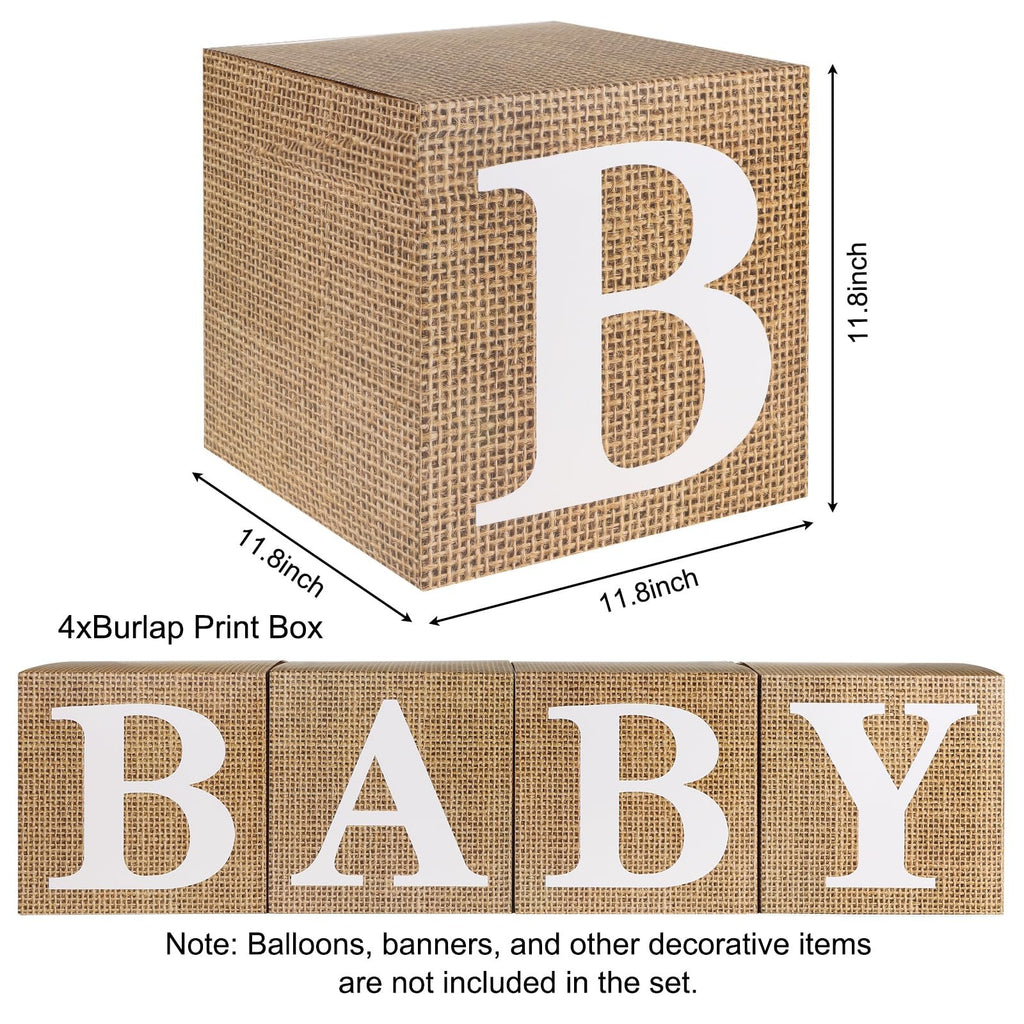 Four burlap print baby blocks spelling 'BABY' and one block with a large 'B', with dimensions indicated.
