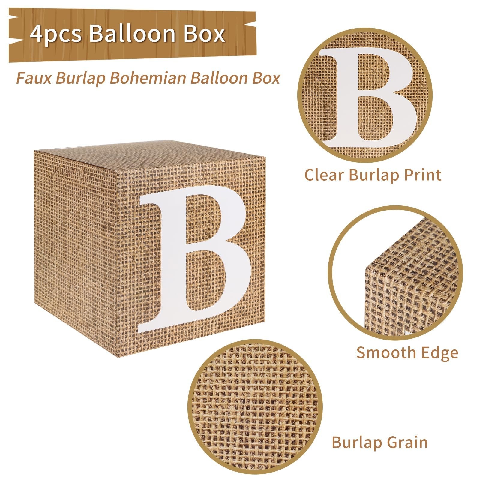 Four faux burlap balloon boxes with white letter 'B' on the front, shown from a 3/4 angle with close-ups of texture and edge.