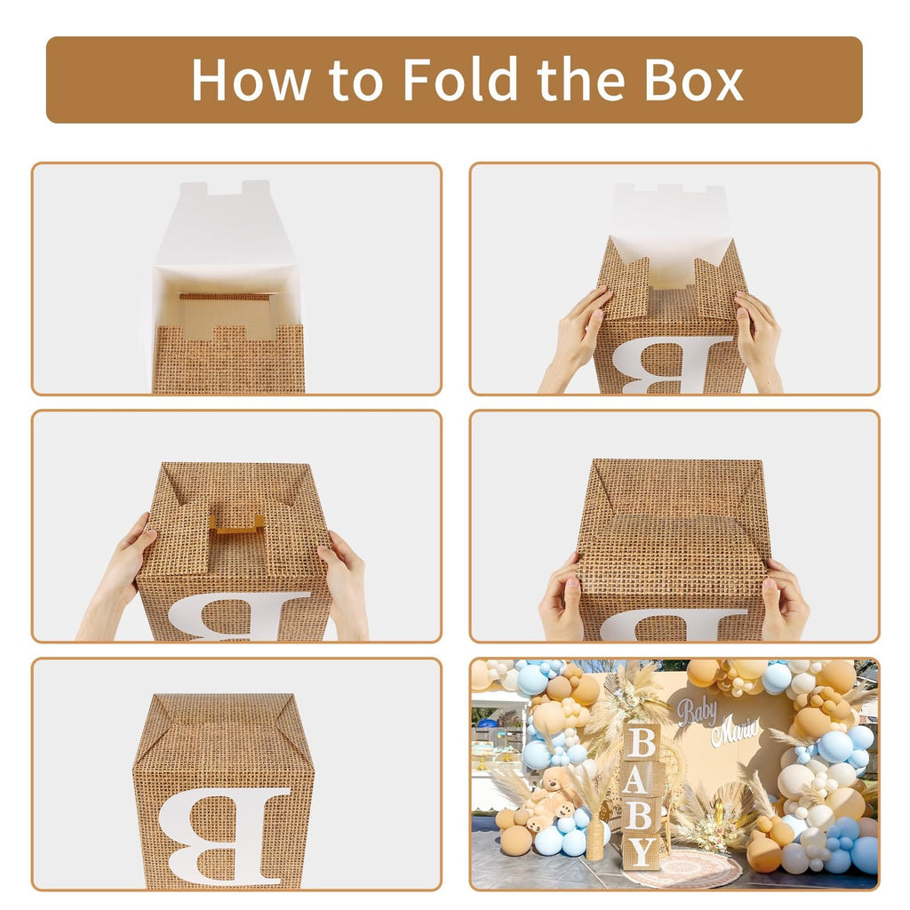 Collage showing how to fold a burlap baby box and a decorated baby shower scene with the word BABY spelled out.