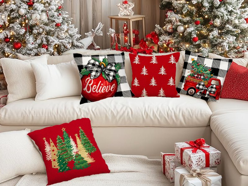 Four Christmas-themed lumbar pillow covers arranged on a sofa with Christmas trees and gifts in the background.