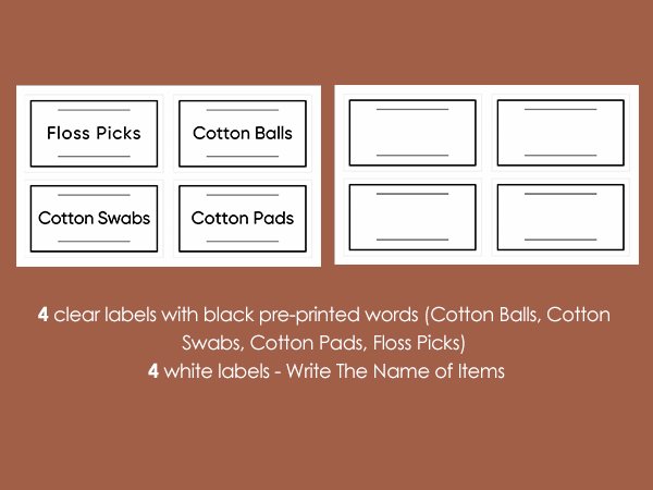 Four pre-printed labels for bathroom canisters and four blank labels for customization