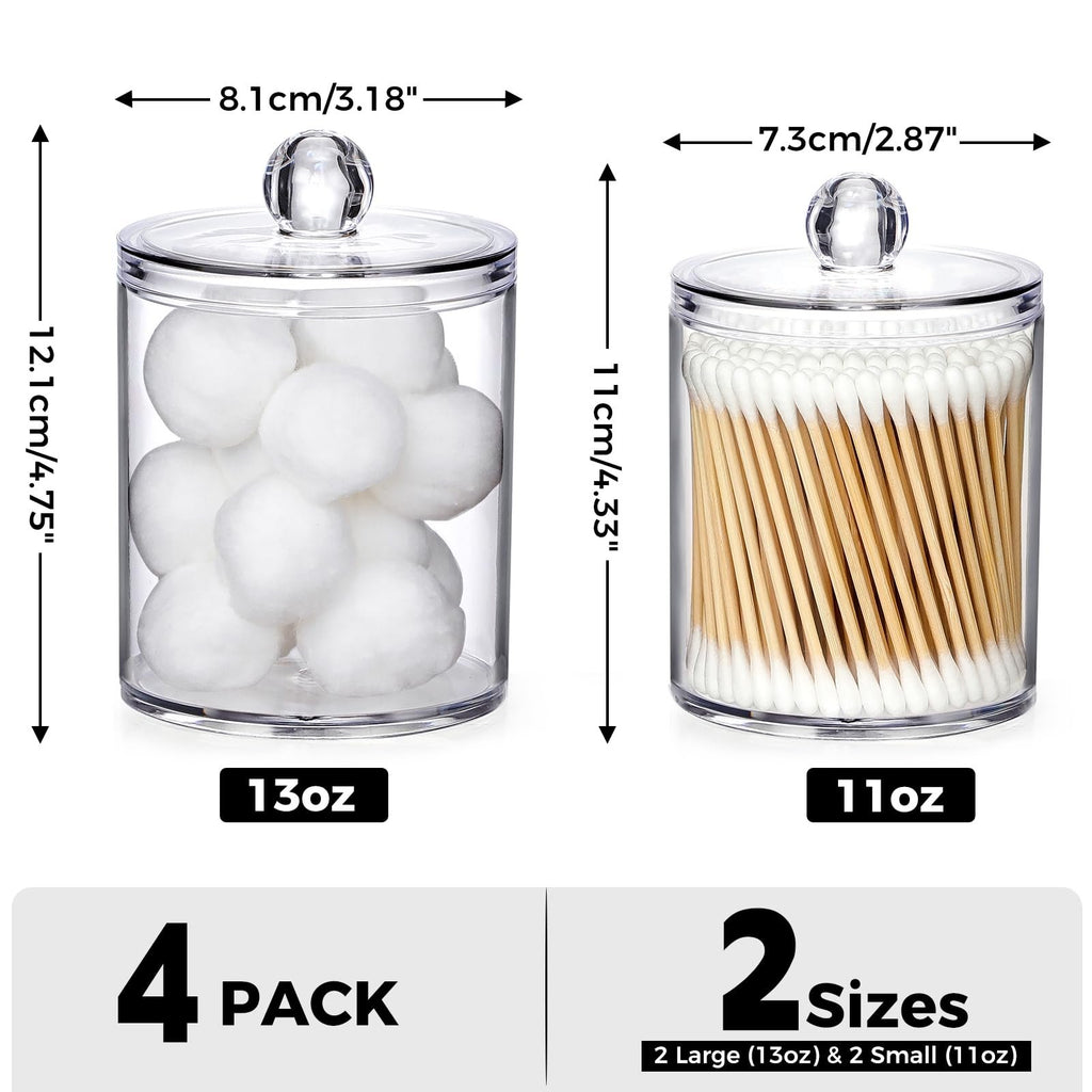 Two clear acrylic bathroom canisters, one filled with cotton balls and the other with cotton swabs, with dimensions and size labels.