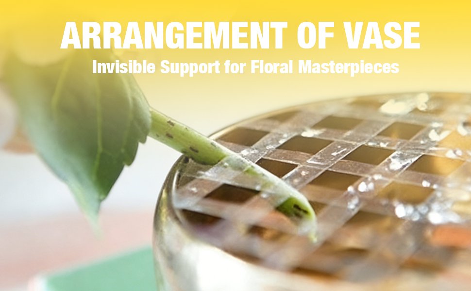 Floral tape grid securing a plant stem inside a vase, demonstrating invisible support for arrangements.