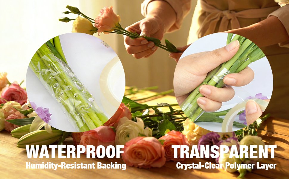 Floral tape being applied to fresh flower stems, with close-ups showing waterproof and transparent qualities.
