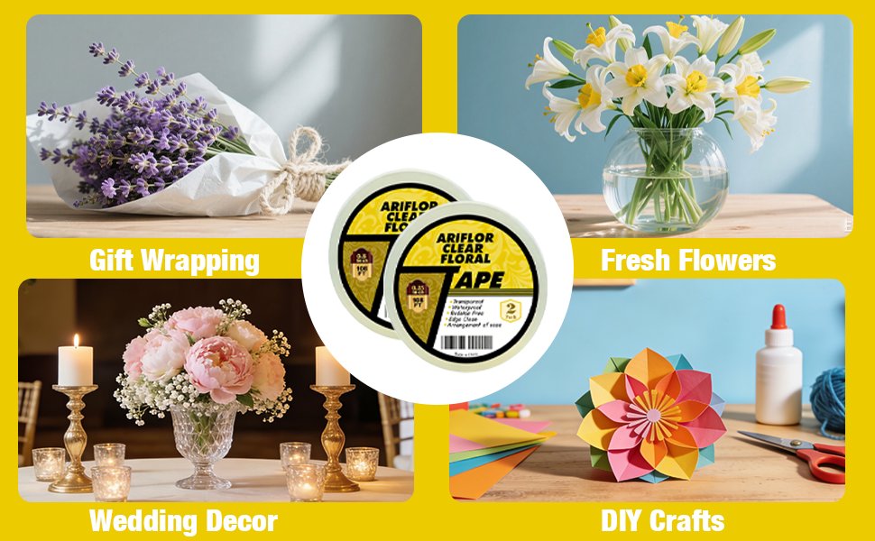 Collage of four scenes showing floral tape applications: gift wrapping, fresh flowers, wedding decor, and DIY crafts, with two rolls of tape in the center.