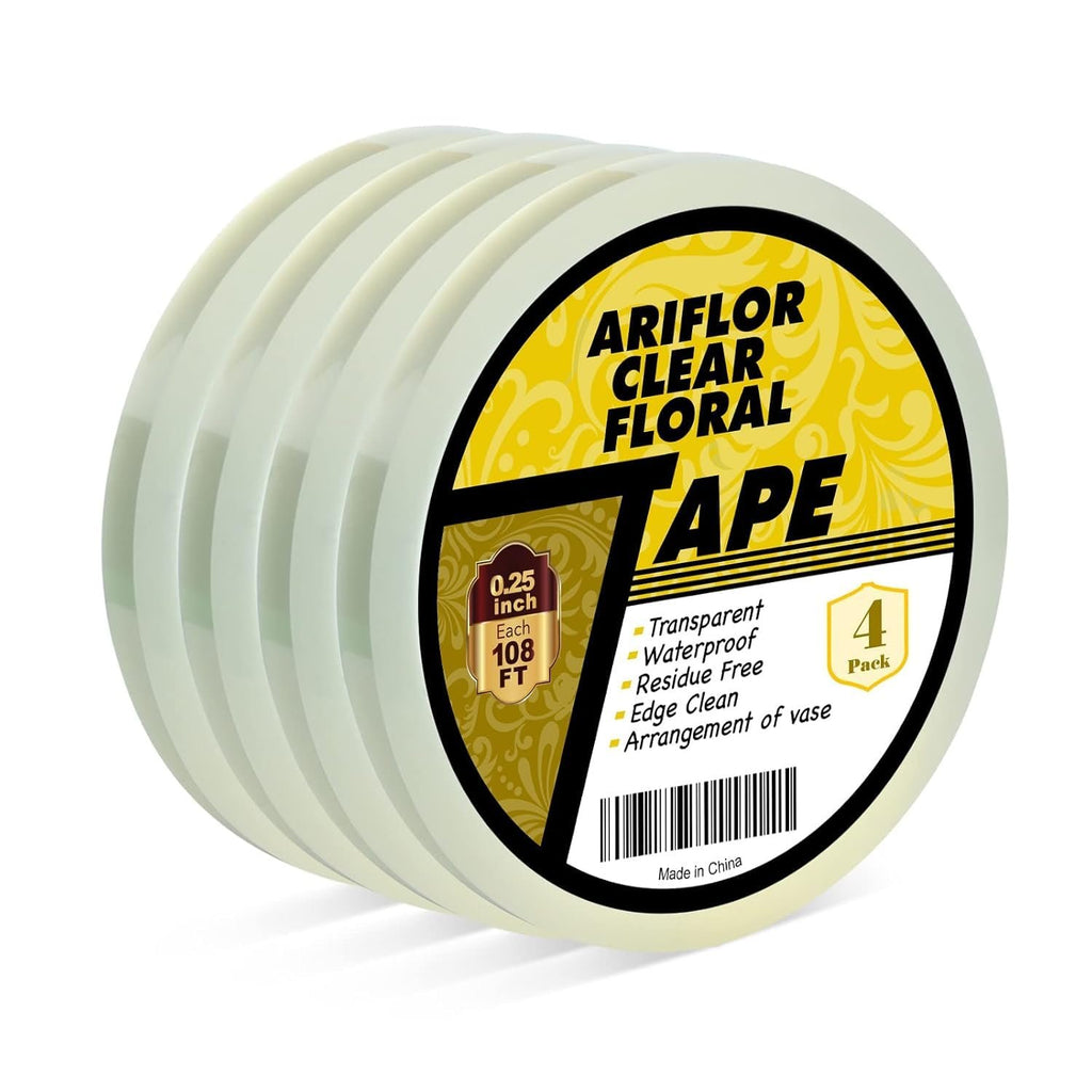 Four rolls of clear floral tape on a white background, showing product label with specifications.