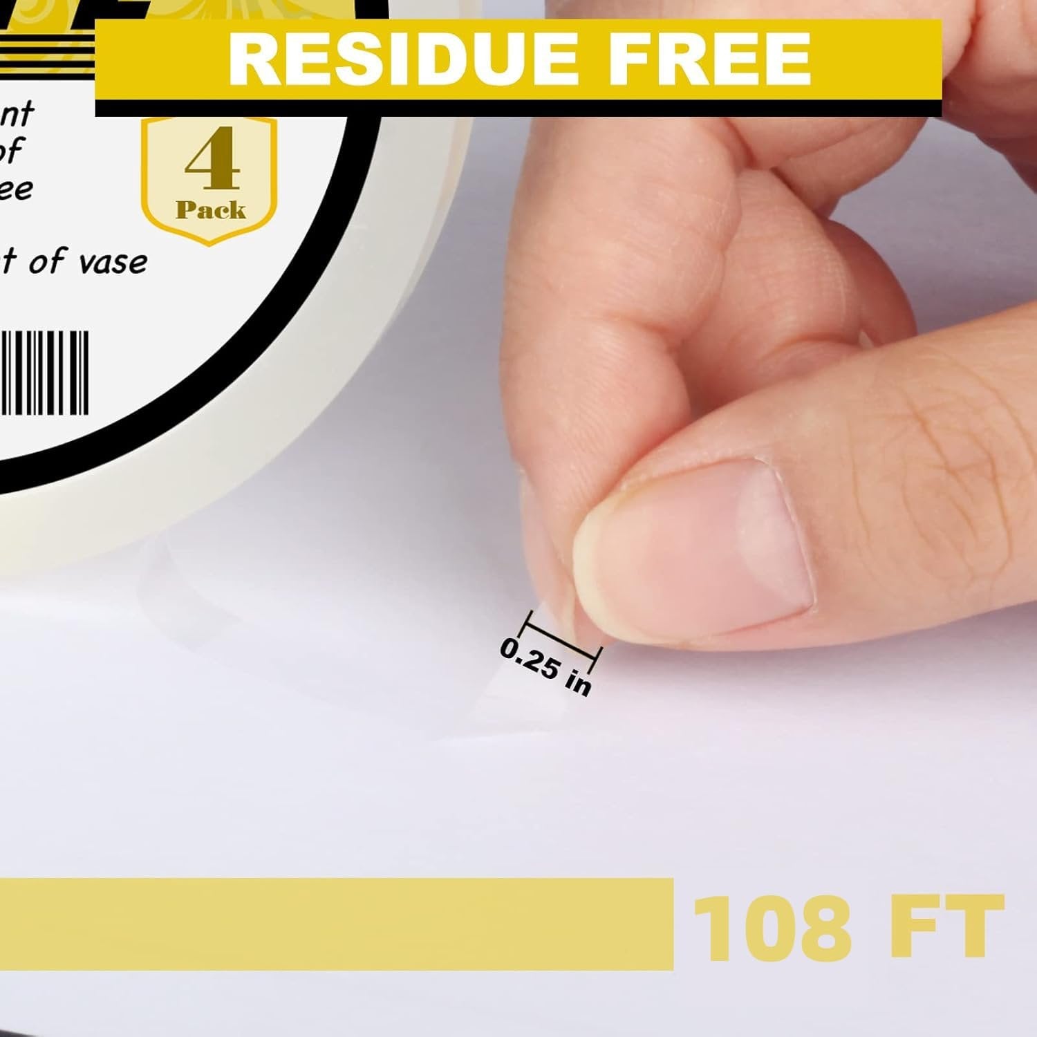 Close-up of a hand peeling clear floral tape showing 0.25 inch width and 108 FT length