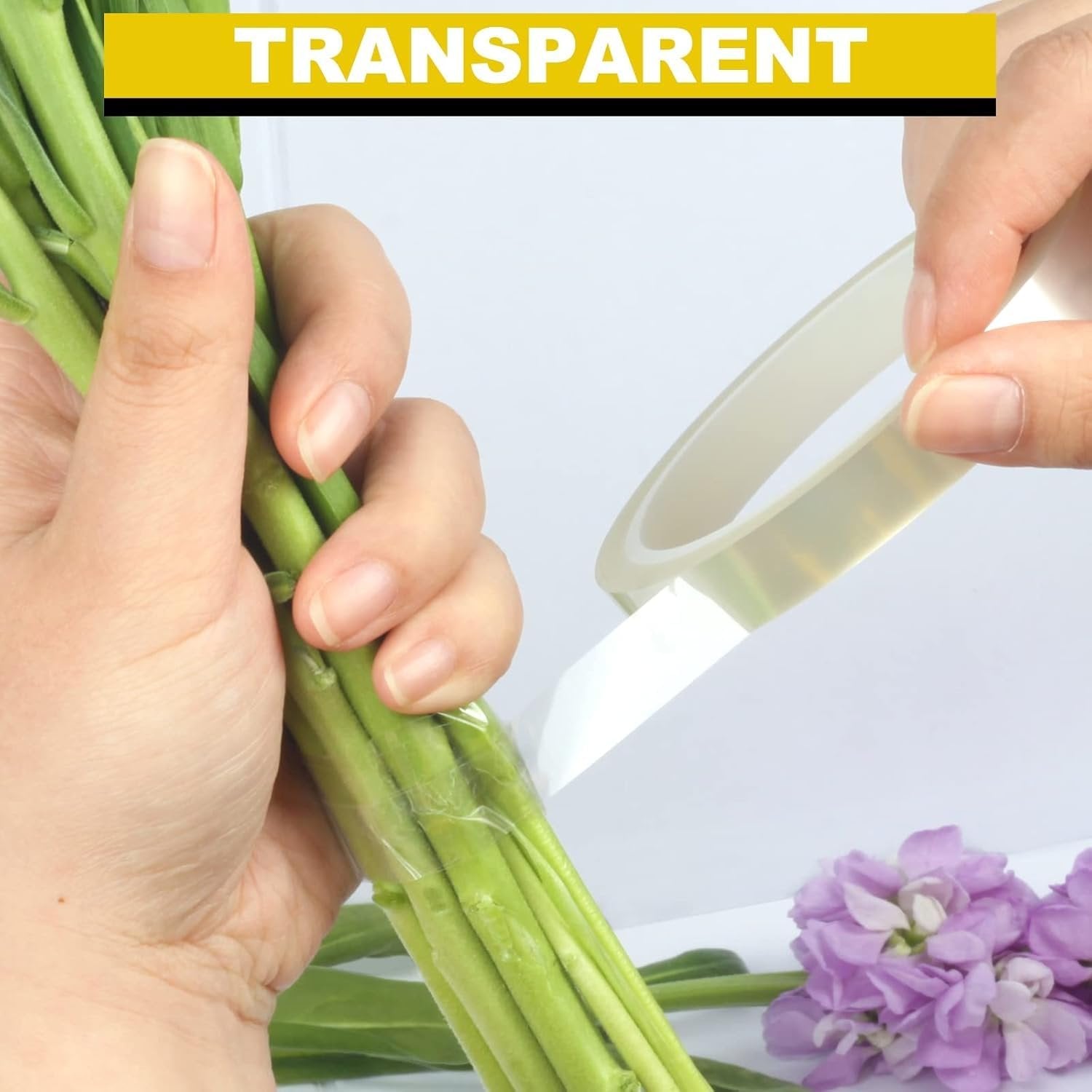 Hands wrapping floral tape around green stems of flowers, with purple flowers in the foreground.