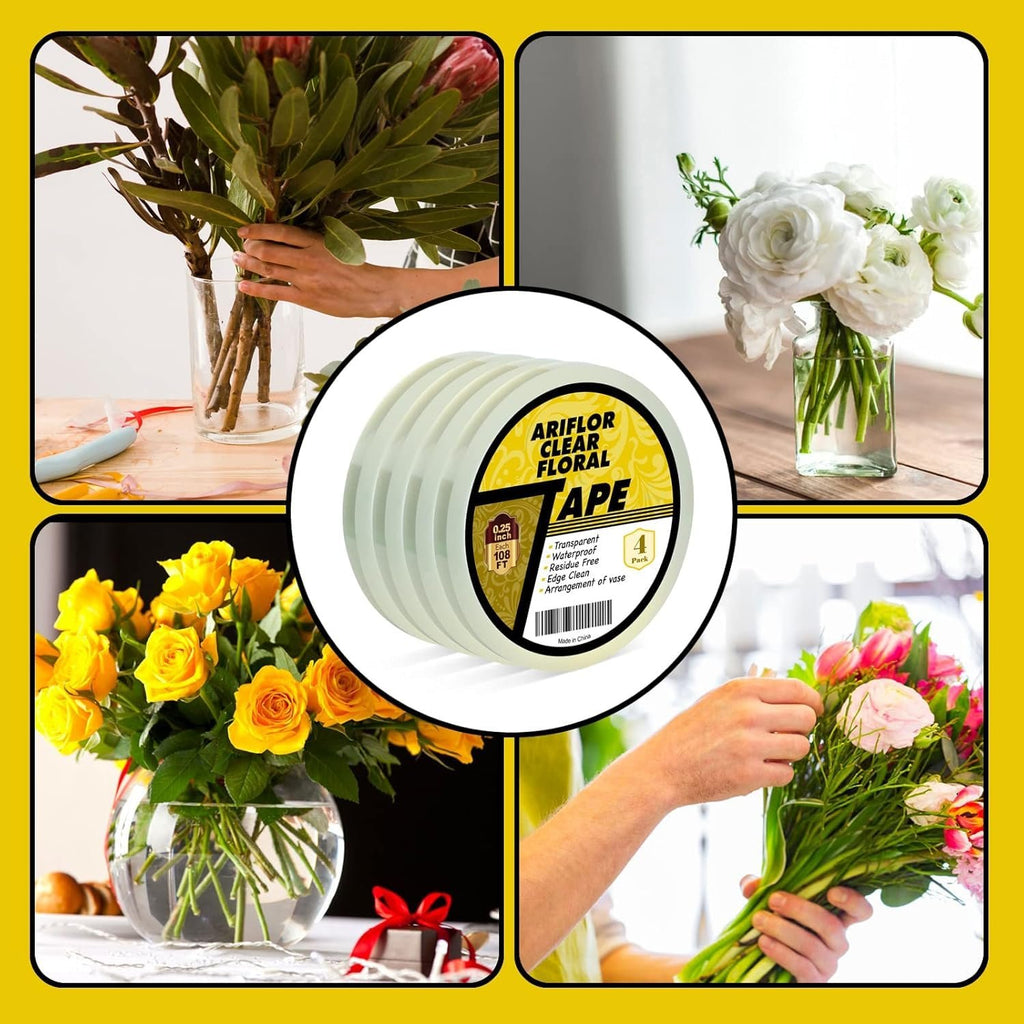 Collage of floral arrangements and a roll of clear floral tape with brand name visible.