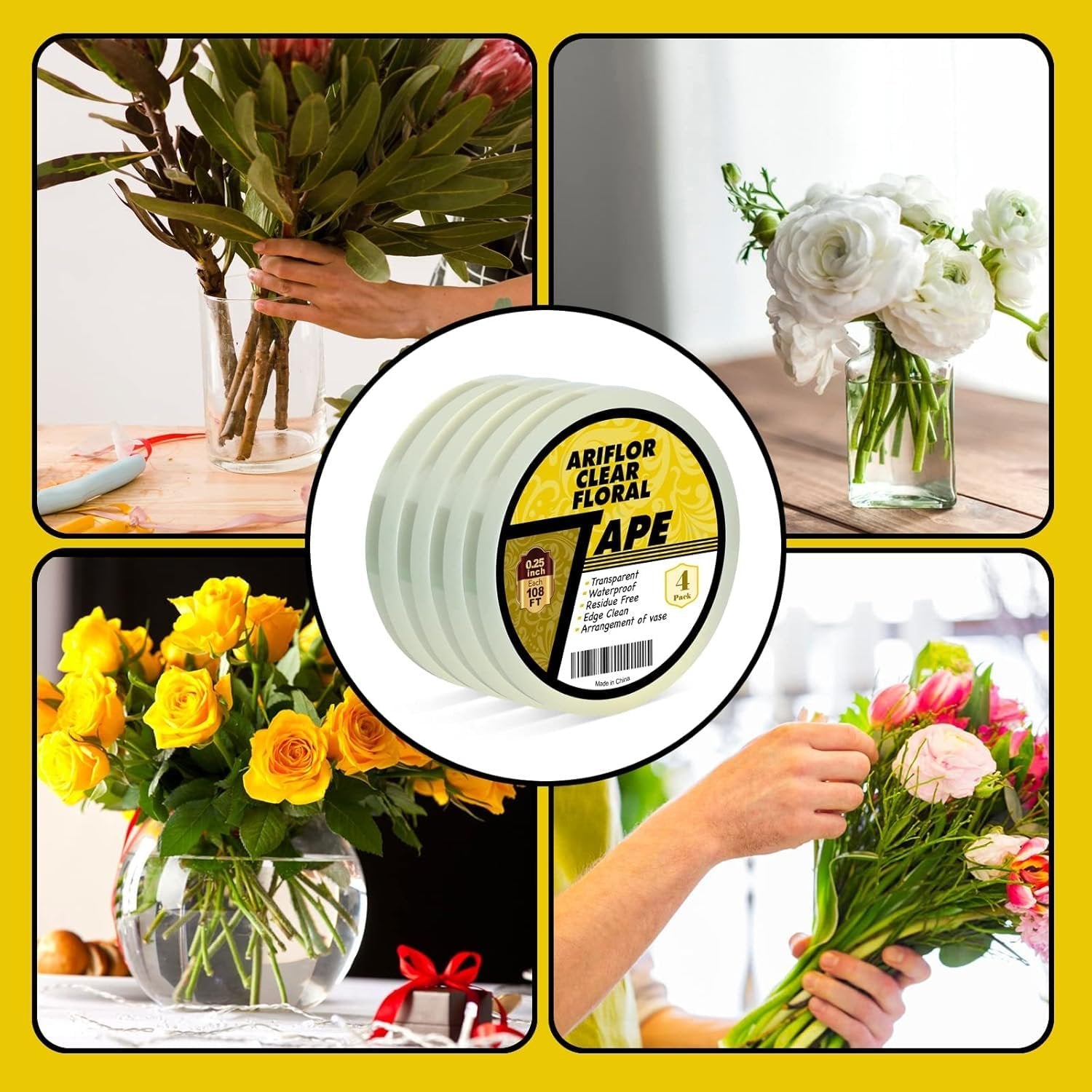 Collage of floral arrangements and a roll of clear floral tape with brand name visible.
