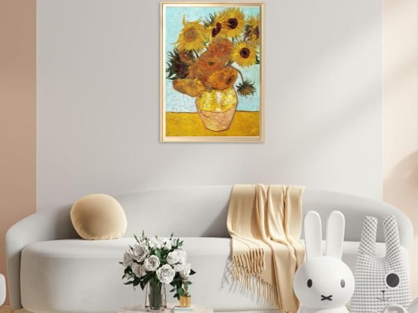 Diamond painting kit featuring Van Gogh's Sunflowers in a vase, displayed in a living room setting.