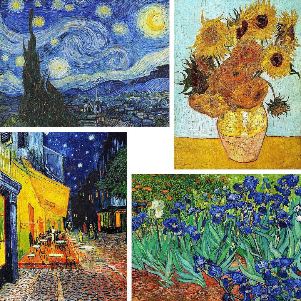 Collage of four Van Gogh paintings: Starry Night, Sunflowers, Cafe Terrace at Night, and Irises.