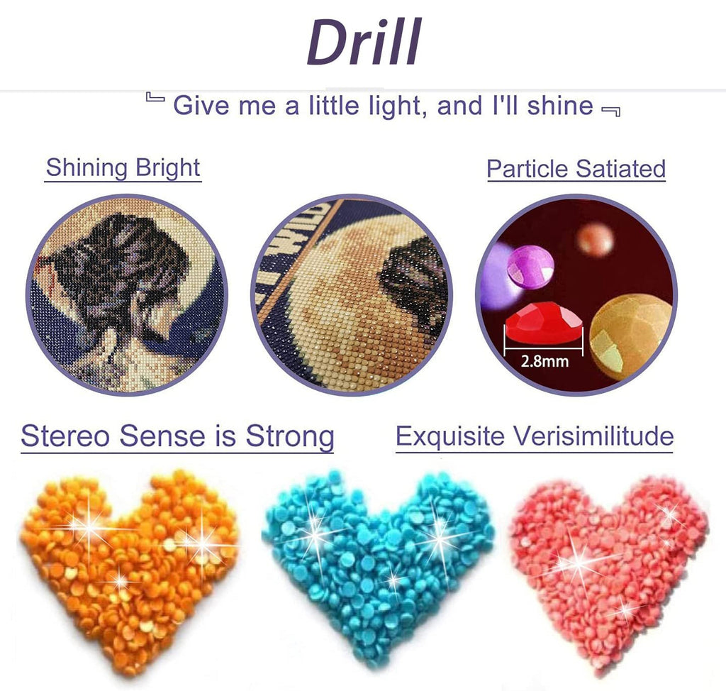 Diamond painting kit details showing close-ups of finished art, drills, and colored beads arranged in heart shapes.