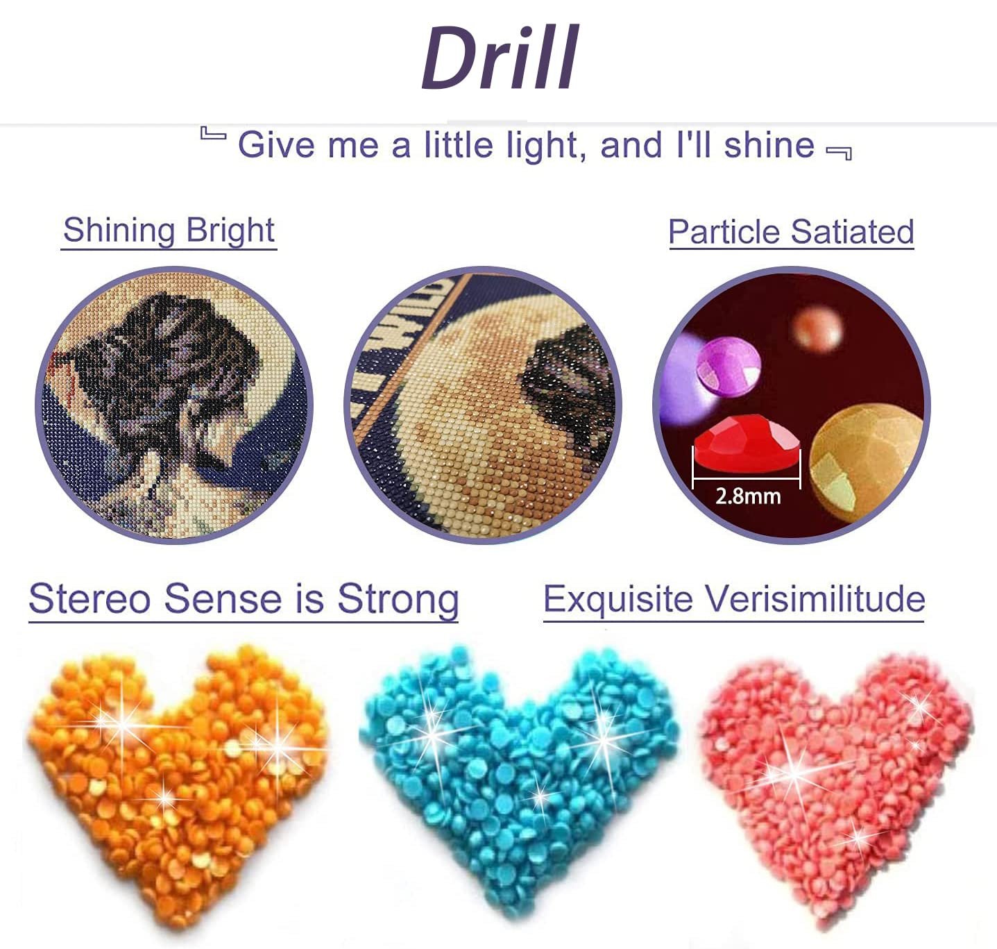 Diamond painting kit details showing close-ups of finished art, drills, and colored beads arranged in heart shapes.