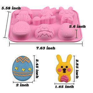 Pink silicone Easter mold with bunny and half egg shapes, shown with dimensions and examples of finished candies.