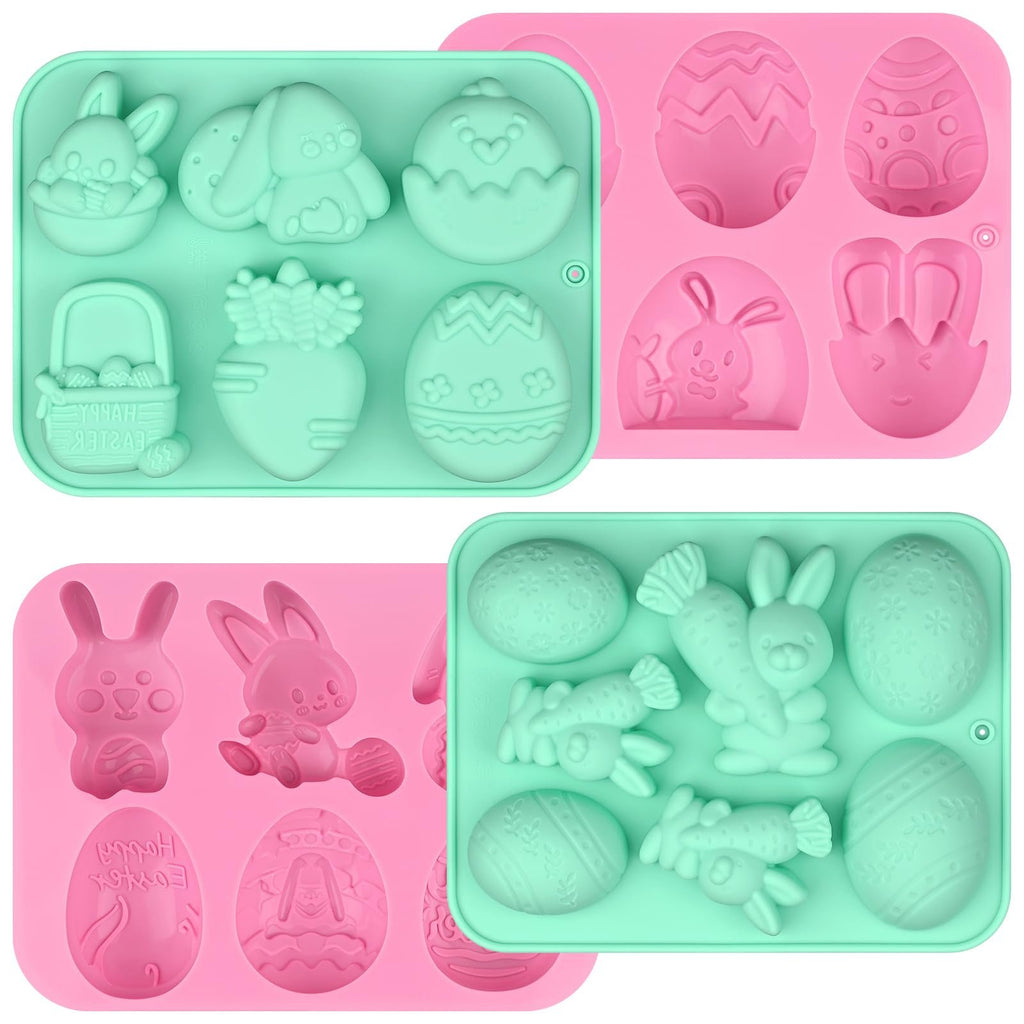Four Easter-themed silicone molds in pink and teal, featuring bunnies, carrots, and eggs.