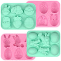 Four Easter-themed silicone molds in pink and teal, featuring bunnies, carrots, and eggs.