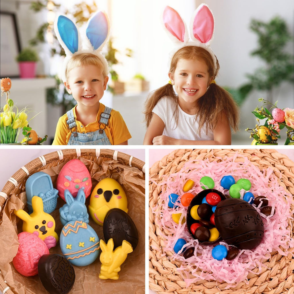 Two children wearing bunny ears smile, with a collage of Easter-themed chocolate molds and candies below.