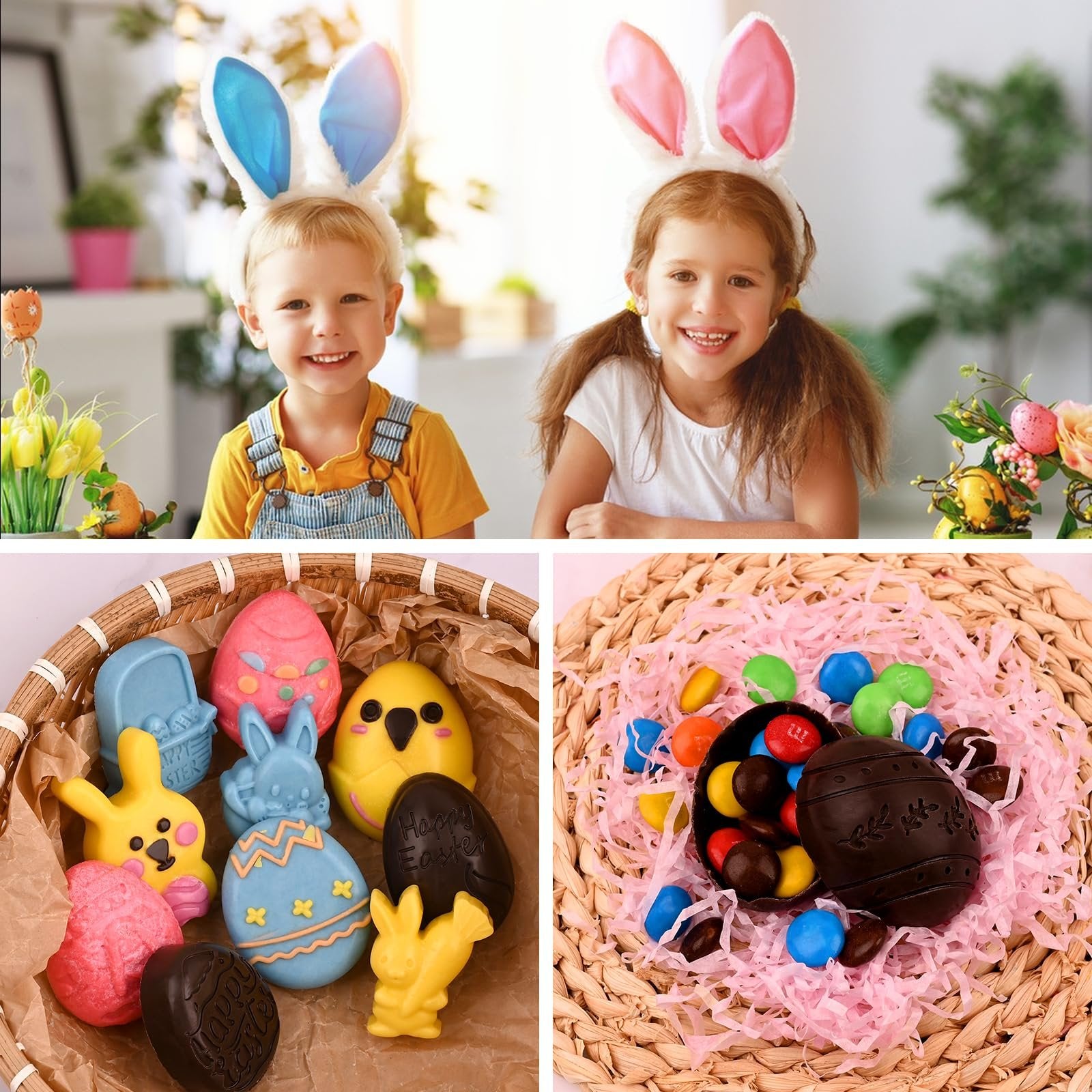 Two children wearing bunny ears smile, with a collage of Easter-themed chocolate molds and candies below.