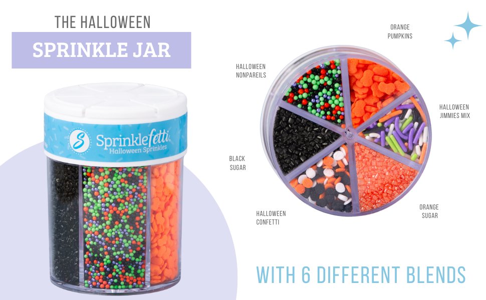 Halloween sprinkle jar with 6 different blends of sprinkles, including orange pumpkins, black sugar, and jimmies mix.