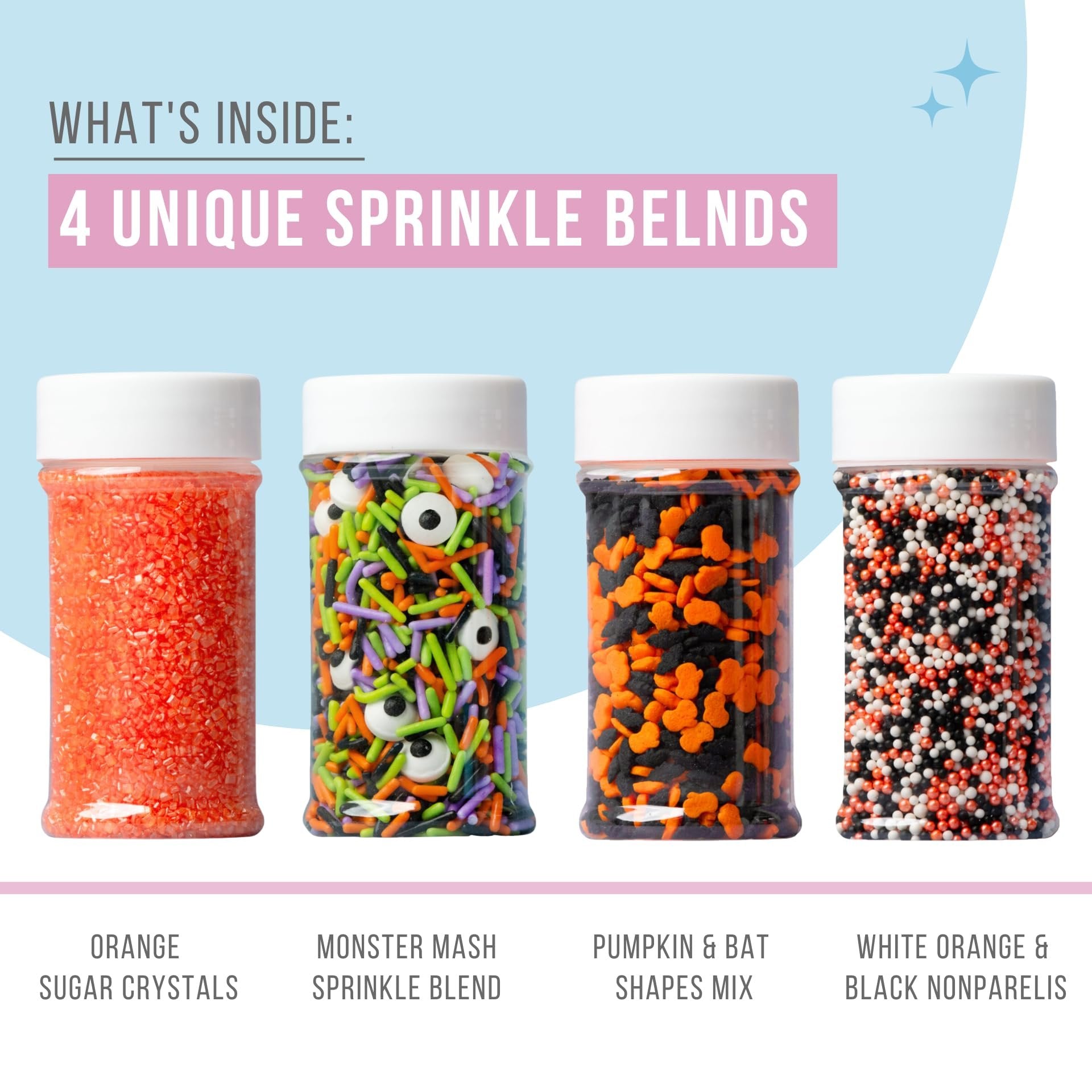 Four bottles of Halloween-themed sprinkles: orange sugar crystals, monster mash blend, pumpkin and bat shapes, and white orange black nonparelis.