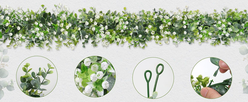 Faux eucalyptus garland with white flowers, showing close-ups of leaves, flowers, and connection points.