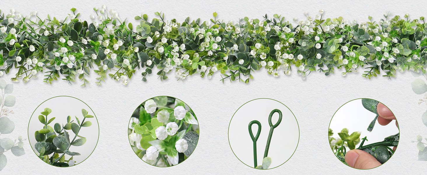 Faux eucalyptus garland with white flowers, showing close-ups of leaves, flowers, and connection points.