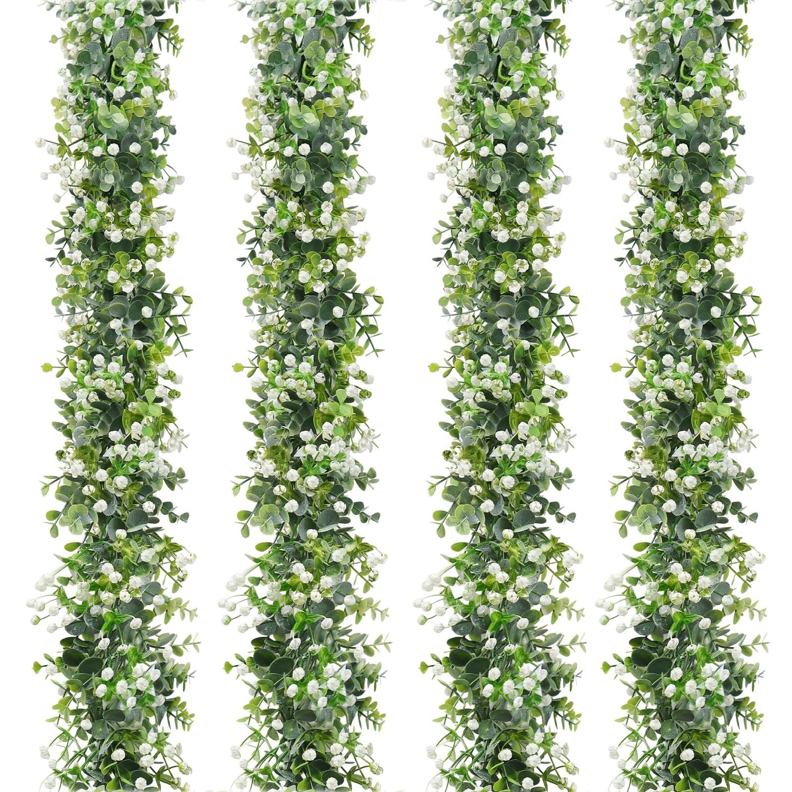 Four strands of faux eucalyptus garland with white flowers on a white background