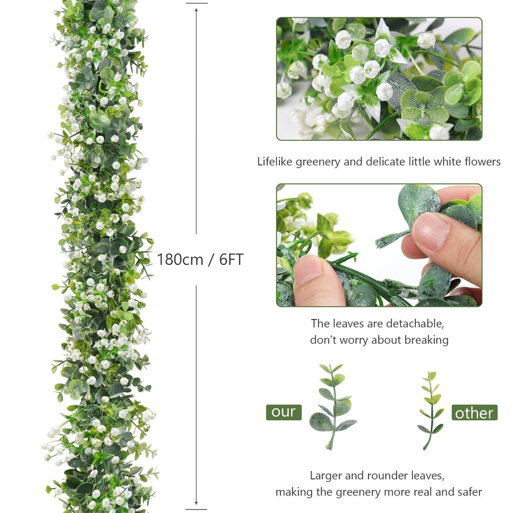 Faux eucalyptus garland with white flowers, showing close-ups of leaves and flowers, and a comparison of leaf size.