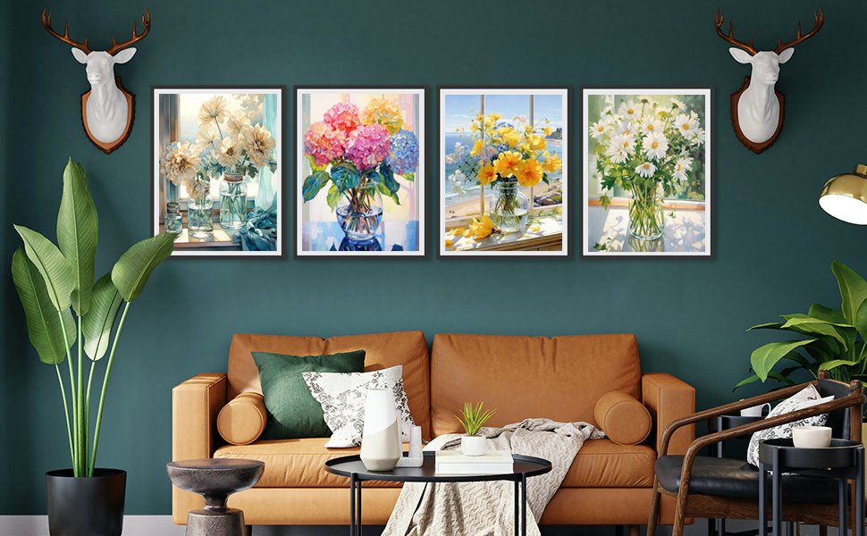Four framed floral paint-by-number canvases displayed above a sofa in a living room setting.