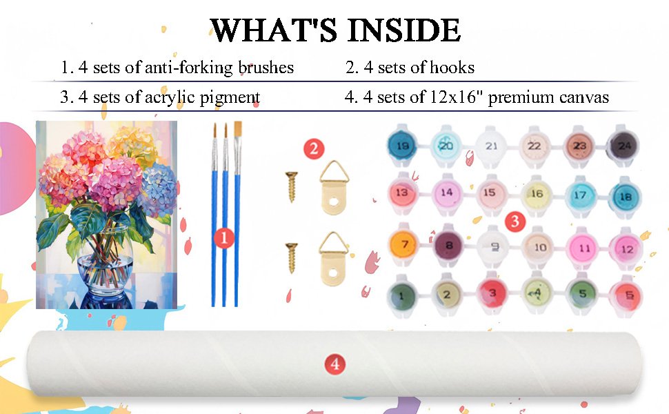 Paint-by-number kit contents: painting of hydrangeas, brushes, screws, hooks, numbered paint pots, and rolled canvas.