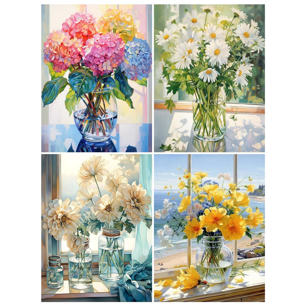 Four floral still life paintings: hydrangeas in a vase, daisies by a window, cream flowers in jars, and yellow flowers with a beach view.