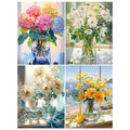 Four floral still life paintings: hydrangeas in a vase, daisies by a window, cream flowers in jars, and yellow flowers with a beach view.