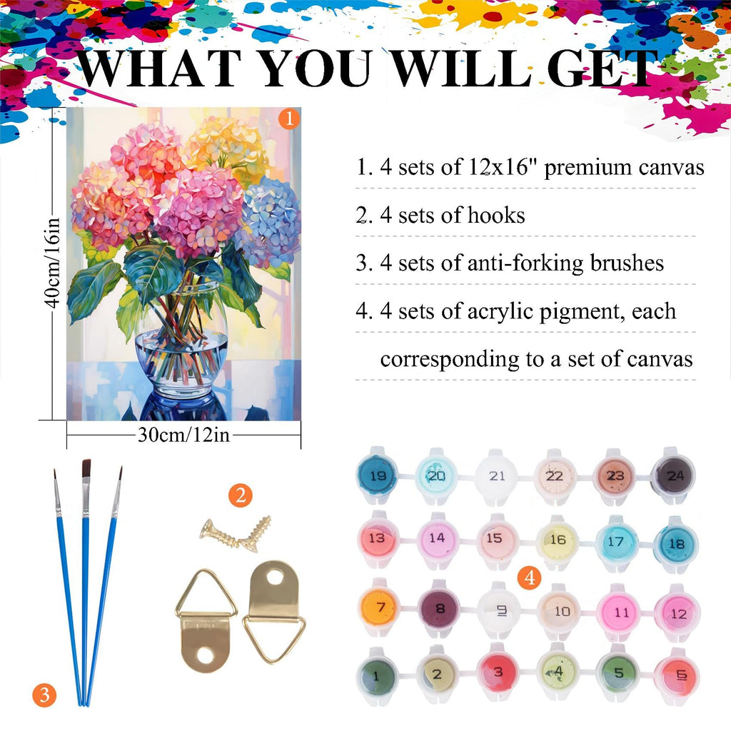 Paint-by-number kit contents including canvas, brushes, hooks, and acrylic paints.