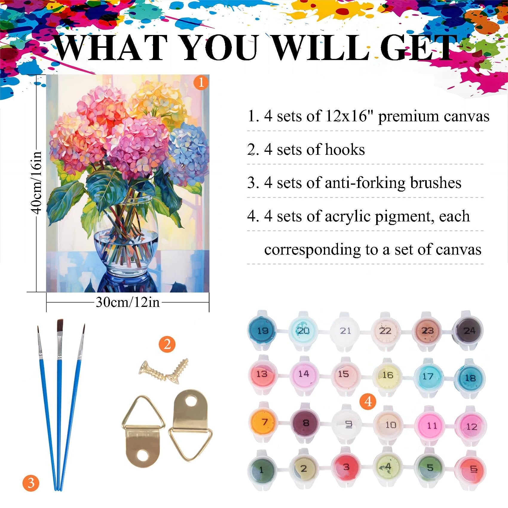 Paint-by-number kit contents including canvas, brushes, hooks, and acrylic paints.