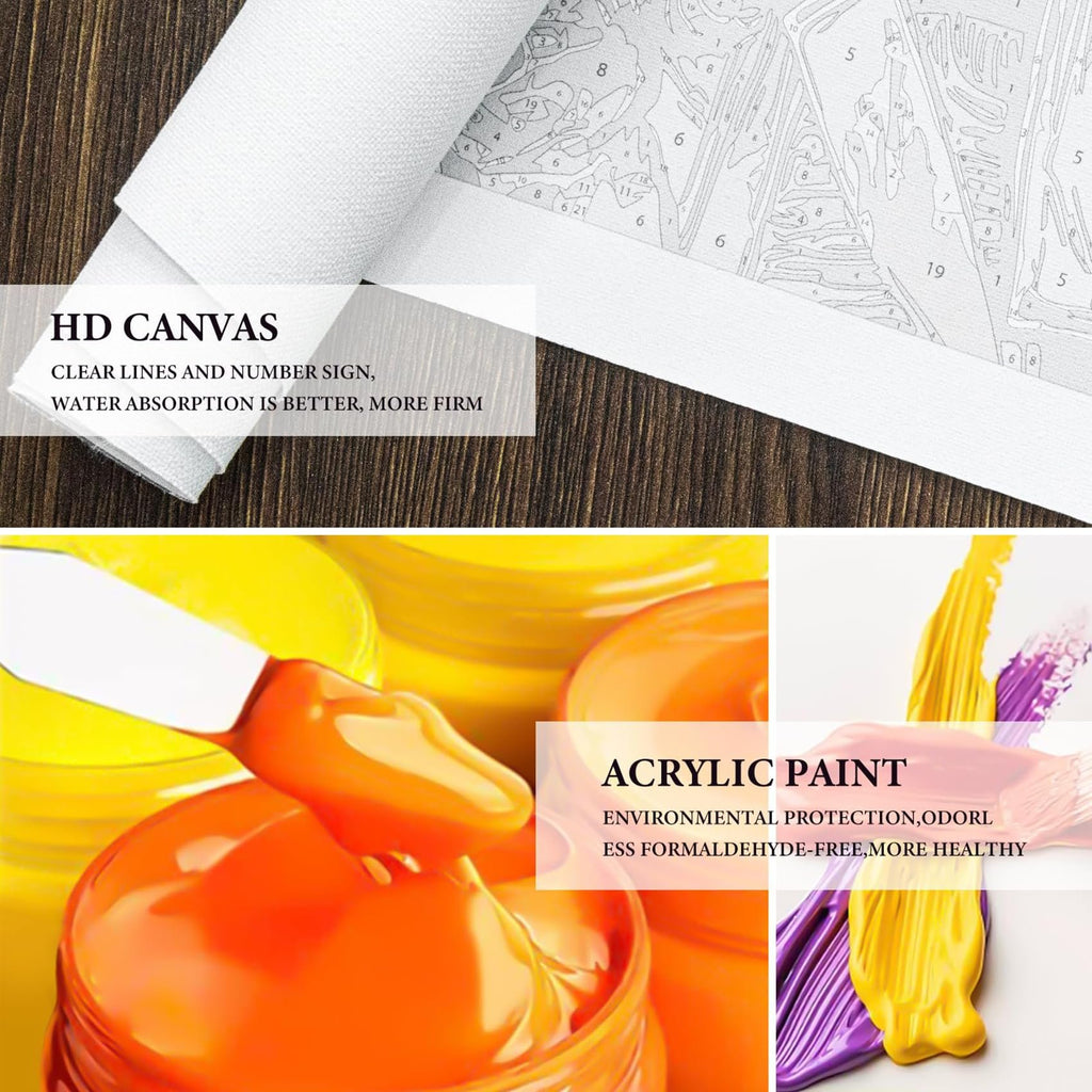 Paint-by-number canvas with numbered sections and acrylic paints in jars and swatches.