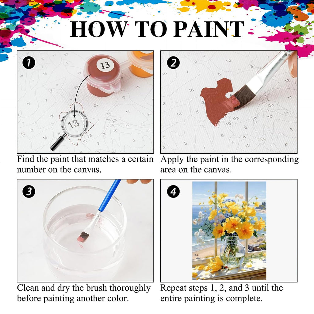 Instructions for paint-by-number kit showing steps 1-4: matching paint, applying paint, cleaning brush, and final painting.