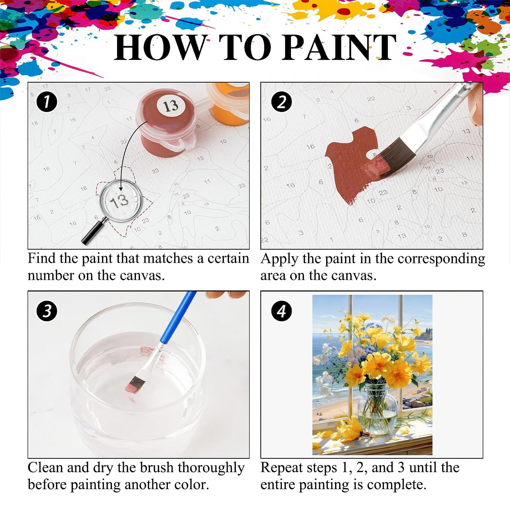 Instructions for paint-by-number kit showing steps 1-4: matching paint, applying paint, cleaning brush, and final painting.