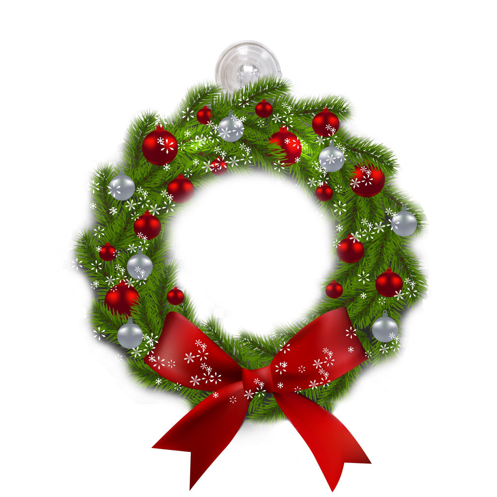 Christmas wreath with red and silver ornaments and a red bow, hanging from a clear suction cup hook.