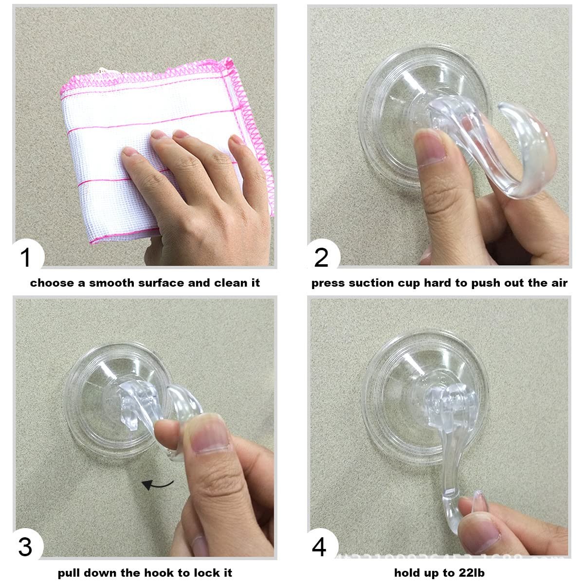 Four-panel collage showing how to install clear suction cup hooks. Step 1: cleaning a surface. Step 2: pressing the cup. Step 3: locking the hook. Step 4: showing the hook holding weight.